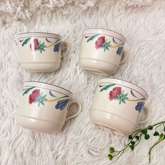 Lenox Poppies on Blue Chinastone 4‎ Piece Flat Coffee Mugs Vintage USA - Picture 1 of 7